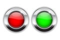 Red and green round buttons. Glass 3d shiny icons with wide metal frame Royalty Free Stock Photo