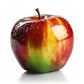 Red and green single realistic shiny apple with water drops on white background. AI generative illustration