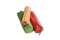 Red and green sleeves with color pencils Royalty Free Stock Photo