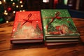 red and green storybooks about christmas on wooden surface Royalty Free Stock Photo