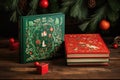 red and green storybooks about christmas on wooden surface Royalty Free Stock Photo