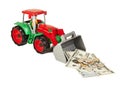 Red and green toy bulldozer with dollars and euro