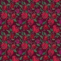 Red and green tulip and rose floral textile vector seamless pattern.