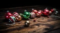 Multicolored Christmas Ornaments on a Wooden Surface, Generative AI