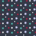 Red, green, white, stars seamless pattern. Christmas colors winter dark blue background. Royalty Free Stock Photo