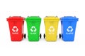 Red, Green, Yellow and Blue Recycle Bins with Recycle Symbol. 3d Rendering