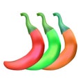 Red, green and yellow hot natural chili pepper pod realistic vector illustration. Royalty Free Stock Photo