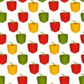 Red, green and yellow peppers seamless pattern on white background