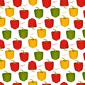 Red, green and yellow peppers seamless pattern on white background