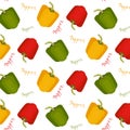 Red, green and yellow peppers seamless pattern on white background