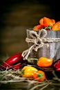 Red, green and yellow sweet bell peppers on the table, close up. Harvest Festival. Autumn background. Selective focus Royalty Free Stock Photo