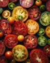 red , green and yellow tomatoes, cut in half