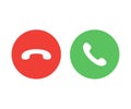 Red and green yes no buttons icon. Answer and decline symbol. Accept call and decline phone icons.