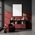 Red and grey living room interior with armchair and drawer, poster mock up Royalty Free Stock Photo