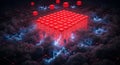 Red grid and cubes illuminated by electric blue lightning strikes Royalty Free Stock Photo