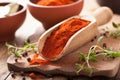 Red ground paprika spice in wooden scoop, bowl Royalty Free Stock Photo
