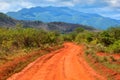 Red ground road and savanna. Tsavo West, Kenya, Africa