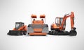 Red group of heavy machinery excavator mini paver loader front view 3d illustration on gray background with shadow