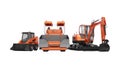 Red group of heavy machinery excavator mini paver loader front view 3d illustration on white background no shadow