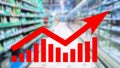 Red growing up arrow on abstract blur supermarket shelf background. Bar charts and graphs. Rising consumer prices. Inflation