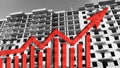 Red growing up large transparent 3d arrow on construction site monochrome background. Bar chart and graph. Interest Rate Increases