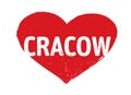 Red grunge Heart stamp. I love Cracow. Vector outline Illustration