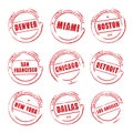 Red grunge stamp, American Cities. Denver, Miami, Boston,