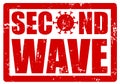 Red grunge stamp with a text SECOND WAVE to show that the corona virus COVID-19 pandemic is returning. O was replaced by the image Royalty Free Stock Photo