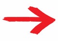 Red grungy arrow direction sign painted with hand brush over white transparent background.