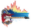 Red guitar, blue banner and music Royalty Free Stock Photo