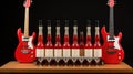 A red guitar and wine bottles on a table. AI Royalty Free Stock Photo