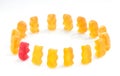 A red gummy bear in a circle of yellow bears - smybolising integration Royalty Free Stock Photo