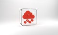 Red Hail cloud icon isolated on grey background. Glass square button. 3d illustration 3D render