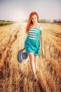 Beautiful woman in blue dress walking on the bevelled, Sun Light Royalty Free Stock Photo