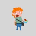 Red hair girl holding many books.