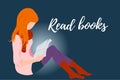 Red hair girl, lady reading a book flat style illustration for education, books shop, magazine promo, fashion poster, banner,