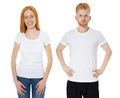 Red hair girl and man in white t-shirt set isolated copy space, white t shirt collage male and female