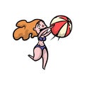 Red hair girl in violet swimwear playing with ball