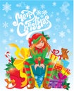 Red hair girl, X-mas Elf with gifts boxes, toys, presents.