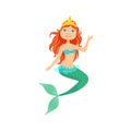 Red Hair Mermaid In Green Swimsuit Top Bra And Tiara On The Head Fairy-Tale Fantastic Creature Illustration