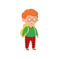 Red hair school kid with yellow backpack and green sweater