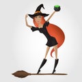 Red hair witch, holding cauldron with potion.