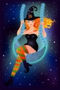 Red hair witch swings on the moon, Happy Halloween card. vector