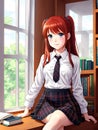Red haired anime schoolgirl reads book