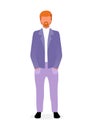 Red haired bearded man flat vector illustration. Confident guy in formal suit with hands in pocket. Stylish businessman in office