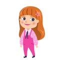 Red-haired girl in pink jumpsuit