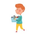 Red Haired Boy Character Carrying Pile of Cans as Sorted Garbage for Recycling Vector Illustration