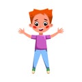 Red Haired Boy Happily Jumping with Outstretched Legs, Cute Preschool Kid Having Fun, Celebrating Holiday, Doing Sports Royalty Free Stock Photo