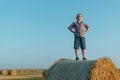 A red-haired boy stands on top of a straw bale on a wheat field Royalty Free Stock Photo