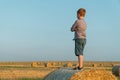 A red-haired boy stands on top of a straw bale on a wheat field Royalty Free Stock Photo